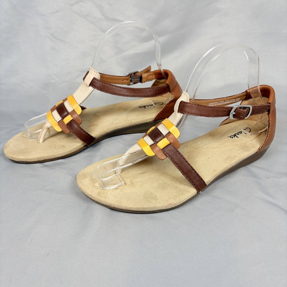 Clarks Womens Qwin Adonia 7.5 Brown Yellow Leather T Strap Gladiator Sandals - Picture 10 of 10